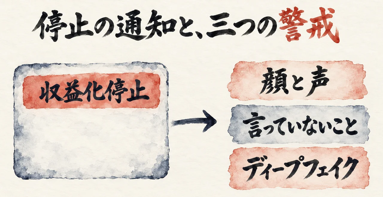 「収益化停止」の通知カードから、「顔と声」「言っていないこと」「ディープフェイク」の3つの警戒へ矢印が向かう図解