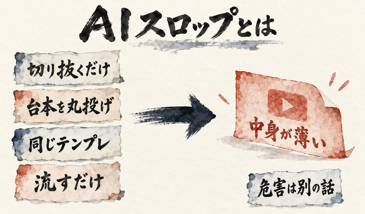 「切り抜くだけ」「台本を丸投げ」「同じテンプレ」「流すだけ」の4つが「中身が薄い」動画につながり、「危害は別の話」の箱が脇にある図解