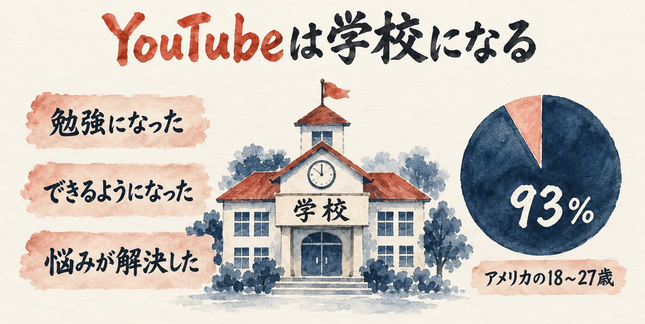 校舎の「学校」を中心に、勉強になった・できるようになった・悩みが解決した、と、アメリカの18〜27歳の93%の円グラフを並べた図解