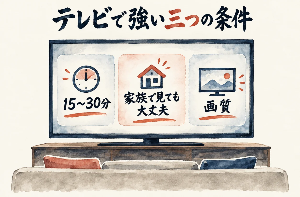 大きなテレビの画面に、15〜30分、家族で見ても大丈夫、画質の3つの札が並ぶ図解