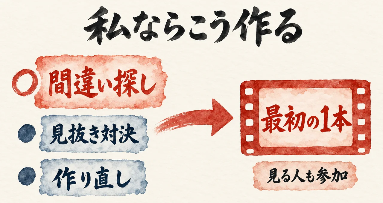 「間違い探し」「見抜き対決」「作り直し→最初の1本」の3つの動画案が並び、見る人も参加する、という図解