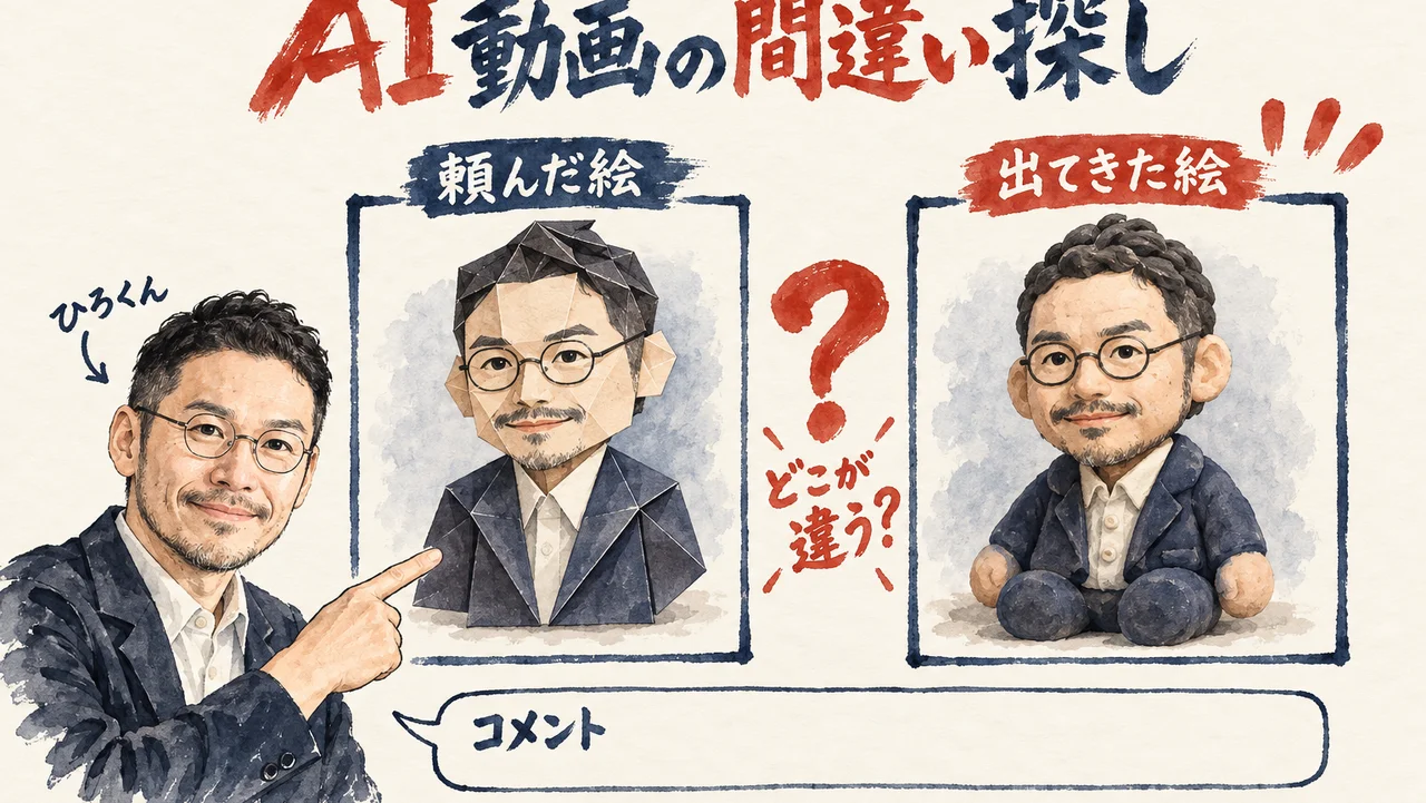 ひろくんが、「頼んだ絵」の紙の偉人と「出てきた絵」の粘土の偉人を並べ、「どこが違う？」とコメント欄で出題している図解