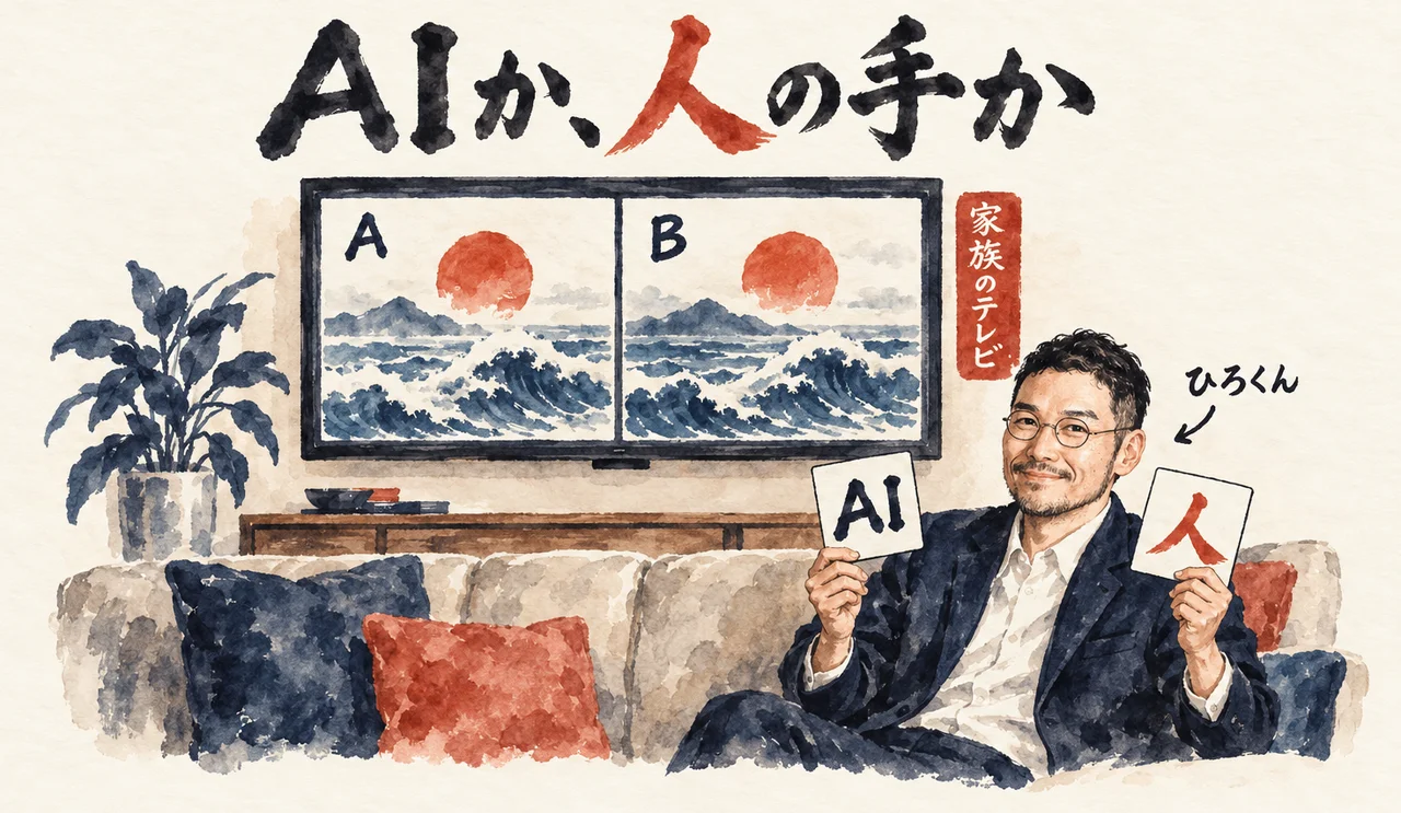 テレビに映ったAとBの2本の動画を、家族がAI製か人の撮影かで見比べて当てる図解