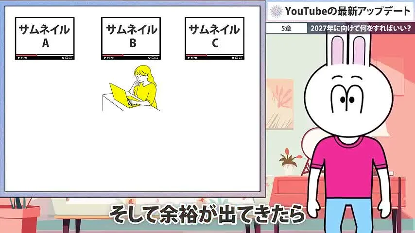 動画キャプチャ: サムネイルA・B・Cを並べ、余裕が出てきたらと話す場面（12:00頃）