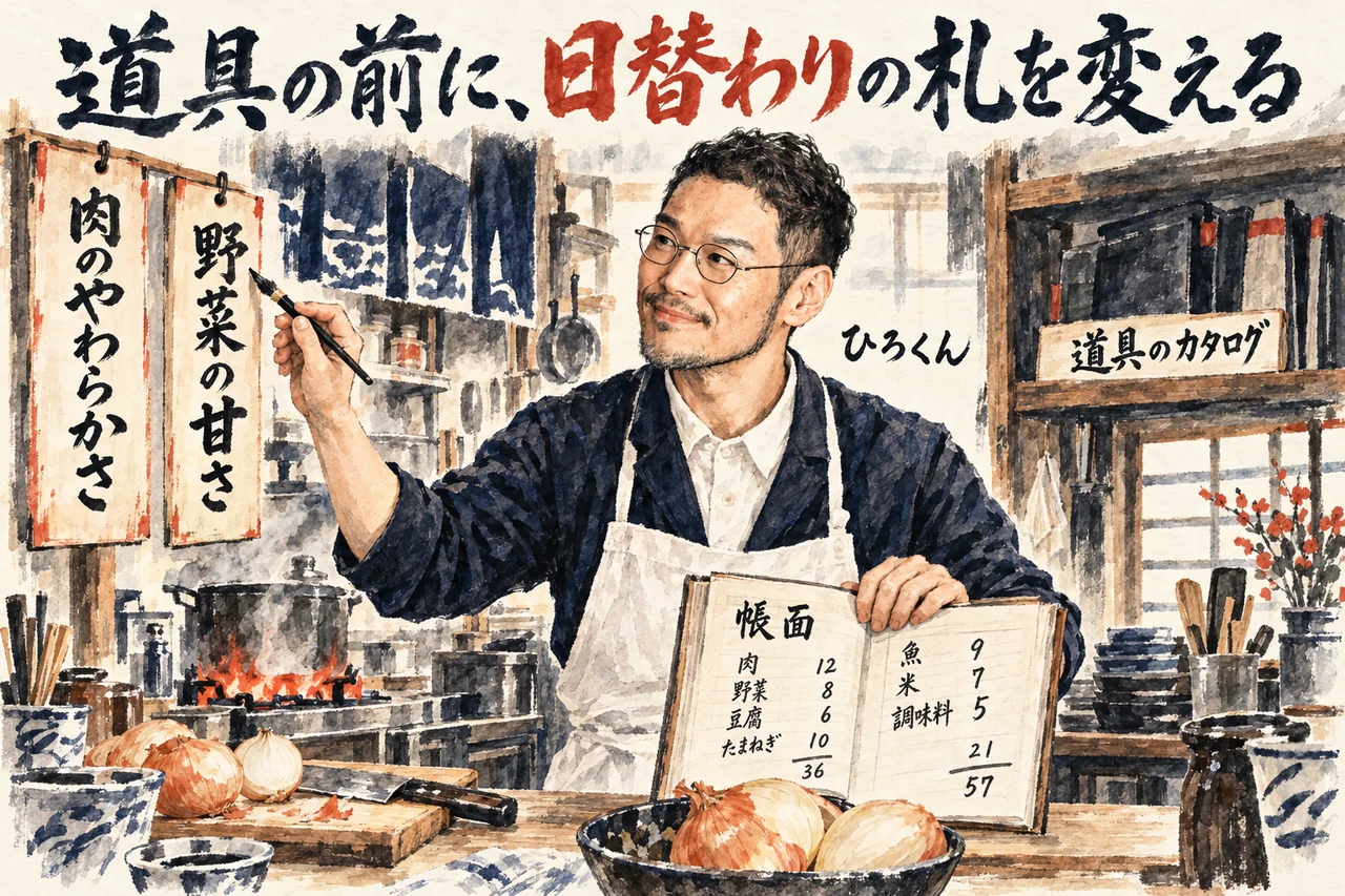 白い前掛けのひろくんが、日替わりの札に筆で言葉を書き、開いた帳面を見せているコラム図解。棚には道具のカタログ