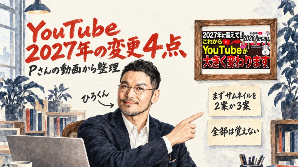 YouTube 2027年の変更4点をPさんの動画から整理する記事。壁に掛けた額縁には動画のサムネイル、手前でひろくんが2案か3案作る札を指している