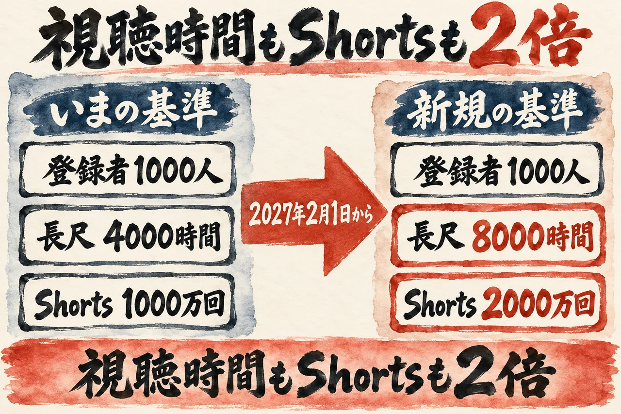 2027年2月1日から、新しく収益化に参加する基準が、長尺は4000時間から8000時間、Shortsは1000万回から2000万回に倍になることを、いまの基準と新規の基準を左右に並べて示した図解