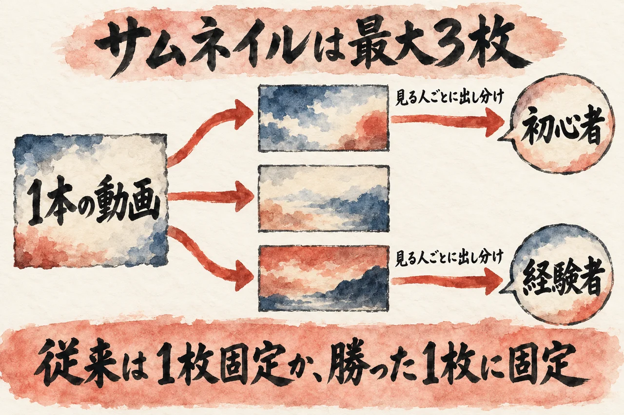 1本の動画に最大3枚のサムネイルを設定し、初心者と経験者に出し分けること、従来は1枚固定か勝った1枚に固定だったことを示した図解