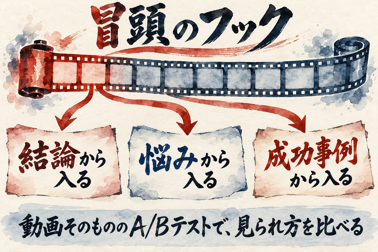 動画の冒頭のフックを、結論から入る、悩みから入る、成功事例から入るの3つに分けて、動画そのもののA/Bテストで見られ方を比べることを示した図解