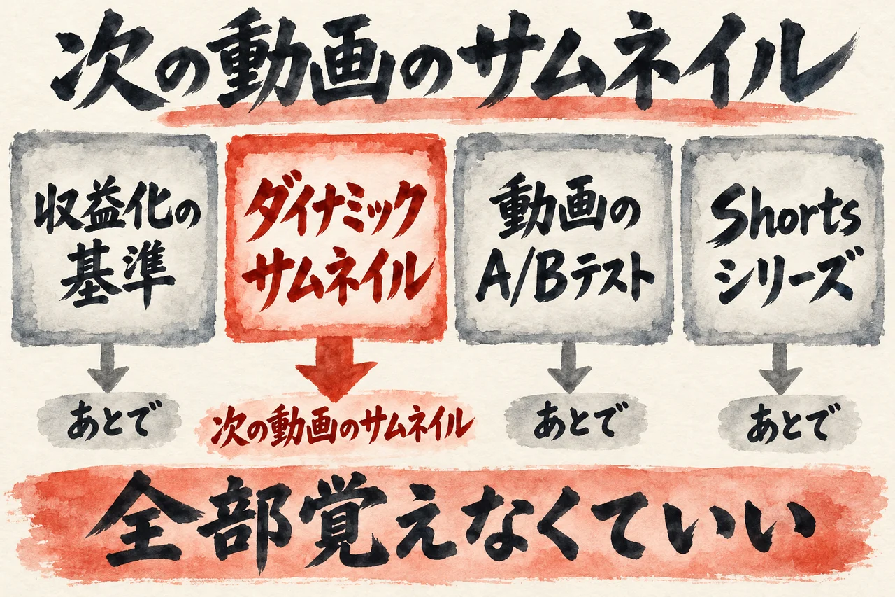収益化の基準、ダイナミックサムネイル、動画のA/Bテスト、Shortsシリーズのうち、次の動画のサムネイルだけを先に進め、残りはあとでよいことを示した図解