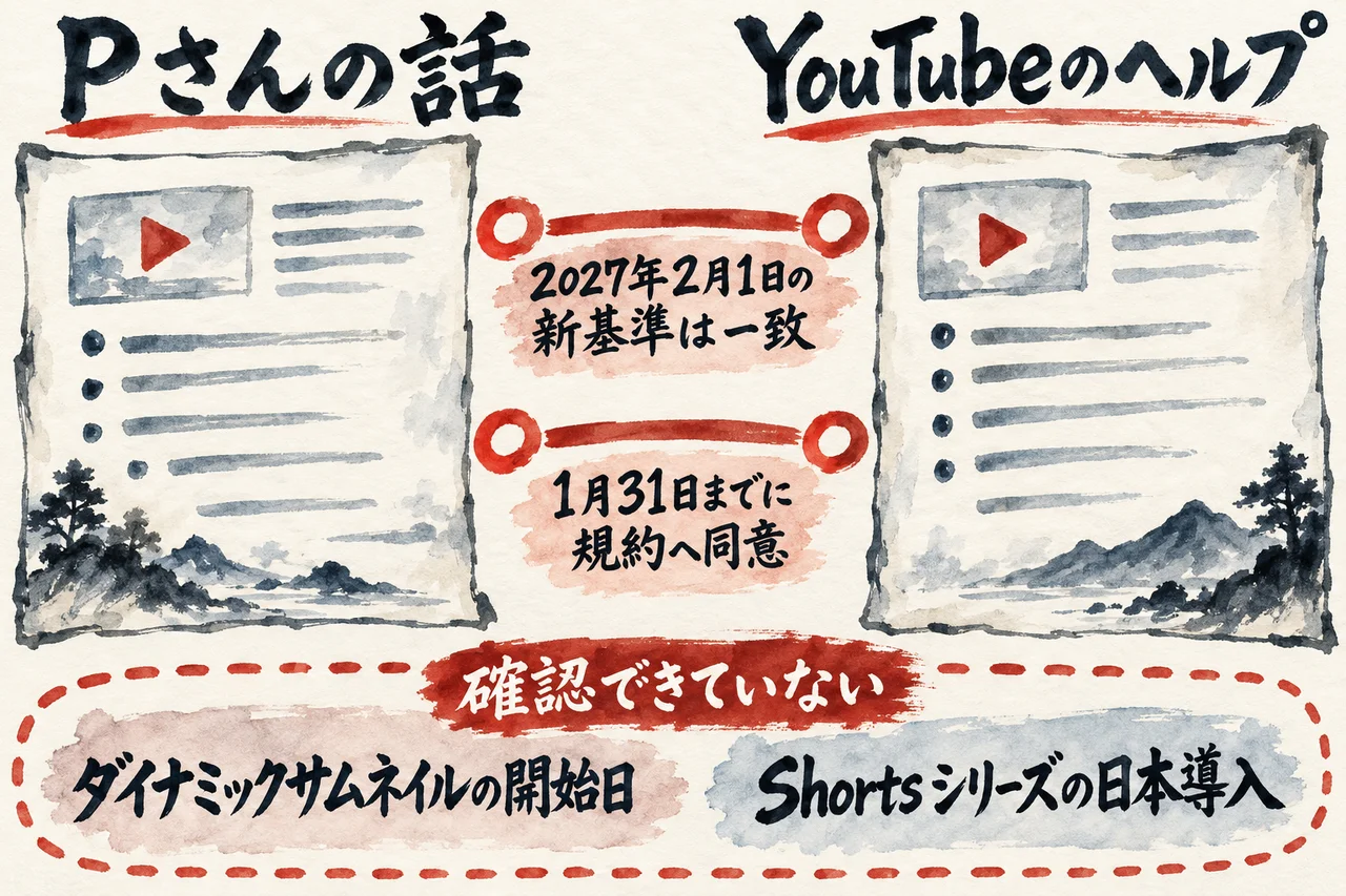 Pさんの話とYouTubeのヘルプを左右に並べ、2027年2月1日の新基準と1月31日までの規約同意は一致し、ダイナミックサムネイルの開始日とShortsシリーズの日本導入は確認できていないことを示した図解