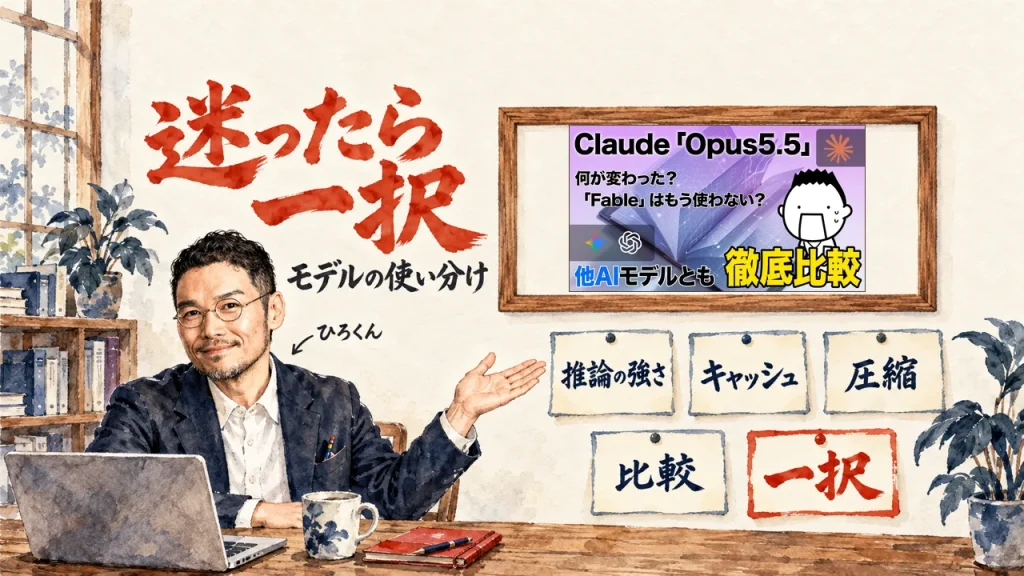 迷ったら一択、モデルの使い分け、の筆文字の題字の下で、ひろくんが、推論の強さ、キャッシュ、圧縮、比較、一択、の五つの付箋を紹介している水彩の場面。壁に動画のサムネイル