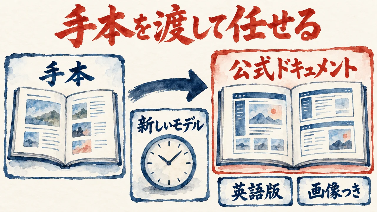 手本の冊子から、新しいモデルを経て、英語版と画像つきを含む公式ドキュメントができあがる流れの図解