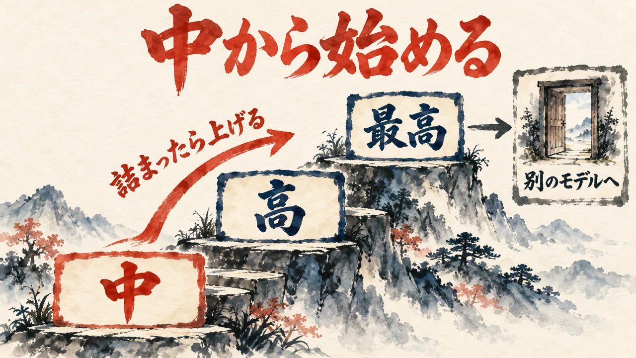 推論の強さを中から始め、詰まったら高、最高と階段を上げ、最上段の先に別のモデルへの扉がある図解