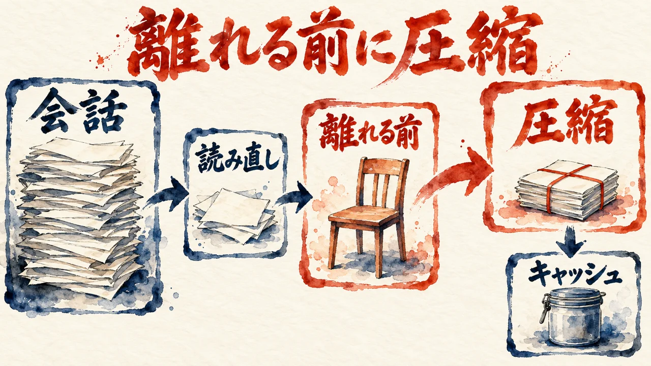 積み上がった会話の読み直しから、席を離れる前に圧縮して、キャッシュを温存する流れの図解