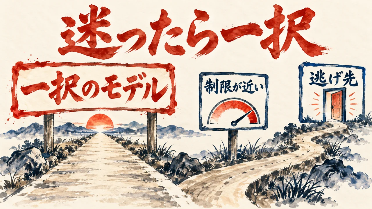 一択のモデルへまっすぐ進む道と、制限が近い時に逃げ先の扉へ分かれる道の図解