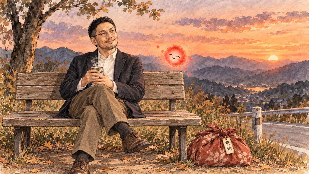 イラスト：夕焼けのベンチで、湯気の立つお茶を手に空を見上げる私。ベンチの脇には「荷物」の札がついた風呂敷包みが置かれ、笑顔の光の玉が浮かんでいる