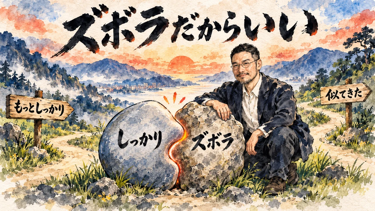 イラスト：「ズボラだからいい」。「しっかり」と「ズボラ」と書かれた二つの石が光る割れ目でぴったり合わさり、その横で私が石に手を置いている。道しるべには「もっとしっかり」「似てきた」