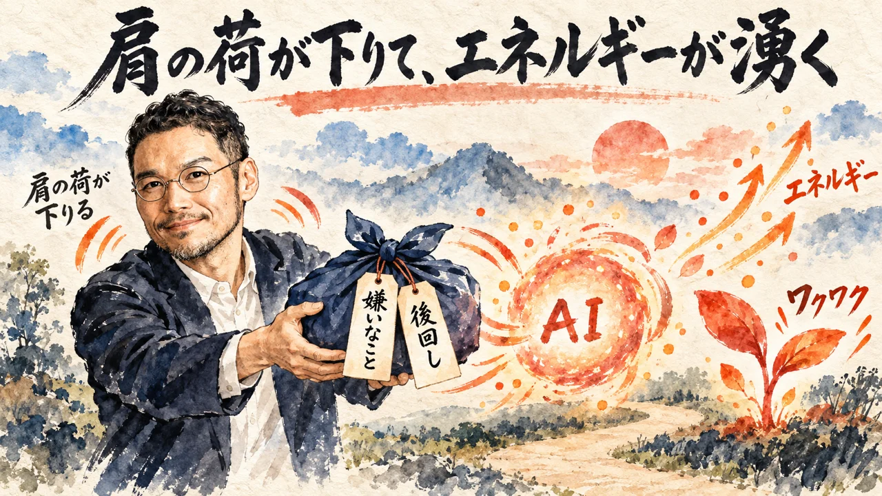 イラスト：「肩の荷が下りて、エネルギーが湧く」。「嫌いなこと」「後回し」の札がついた風呂敷包みを、私がAIの光の玉へ差し出している。右には「エネルギー」の矢印と、芽吹く「ワクワク」