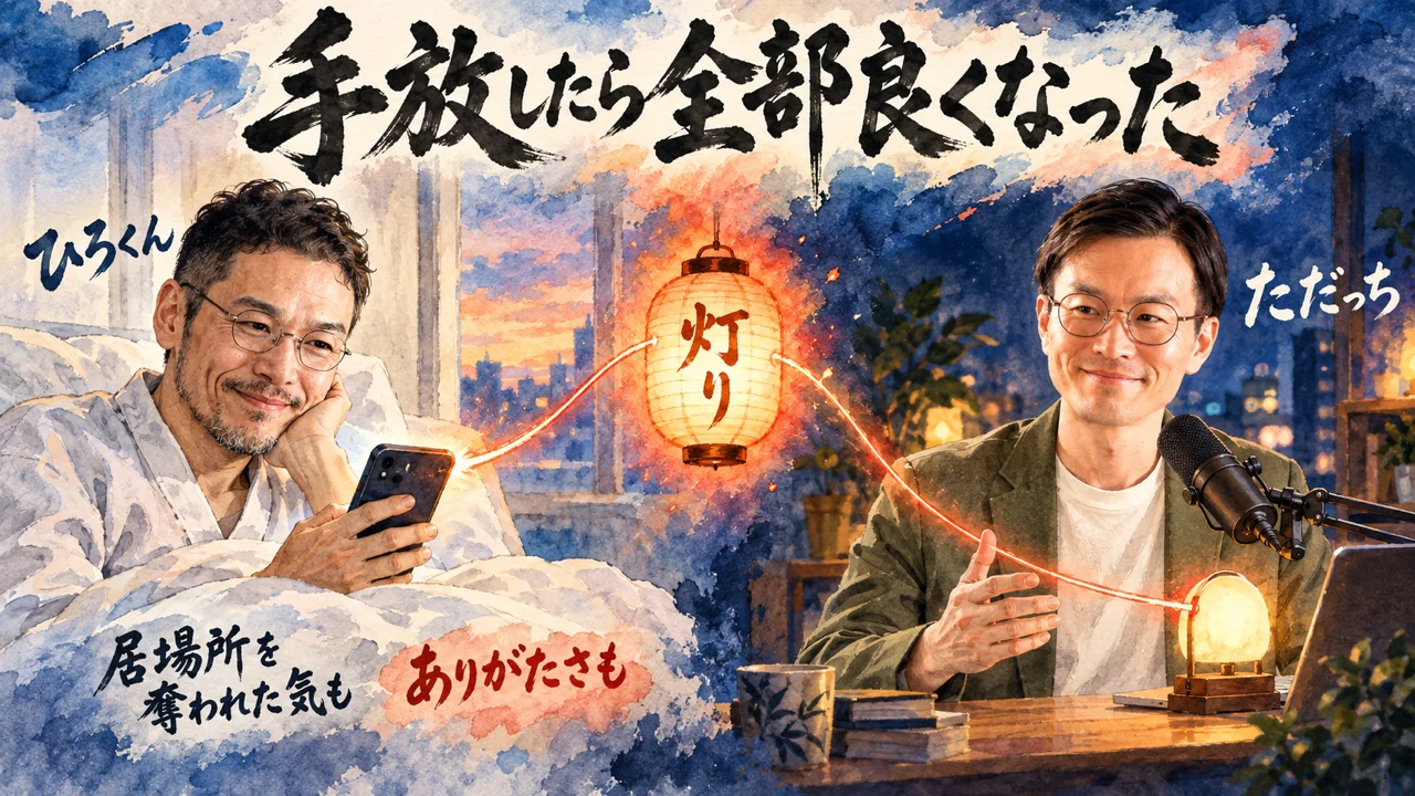イラスト：「手放したら全部良くなった」。左は病室のベッドでスマホを見る私、右はLIVEの机でマイクに向かうただっち。二人の間の提灯の光がつなぎ、メモには「居場所を奪われた気も」「ありがたさも」