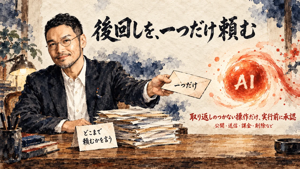 イラスト：「後回しを、一つだけ頼む」。机の前の私が「一つだけ」の封筒を、AIの光の玉へ差し出している。玉のそばの朱色の札には「取り返しのつかない操作だけ、実行前に承認」「公開・送信・課金・削除など」。机の札は「どこまで頼むかを言う」
