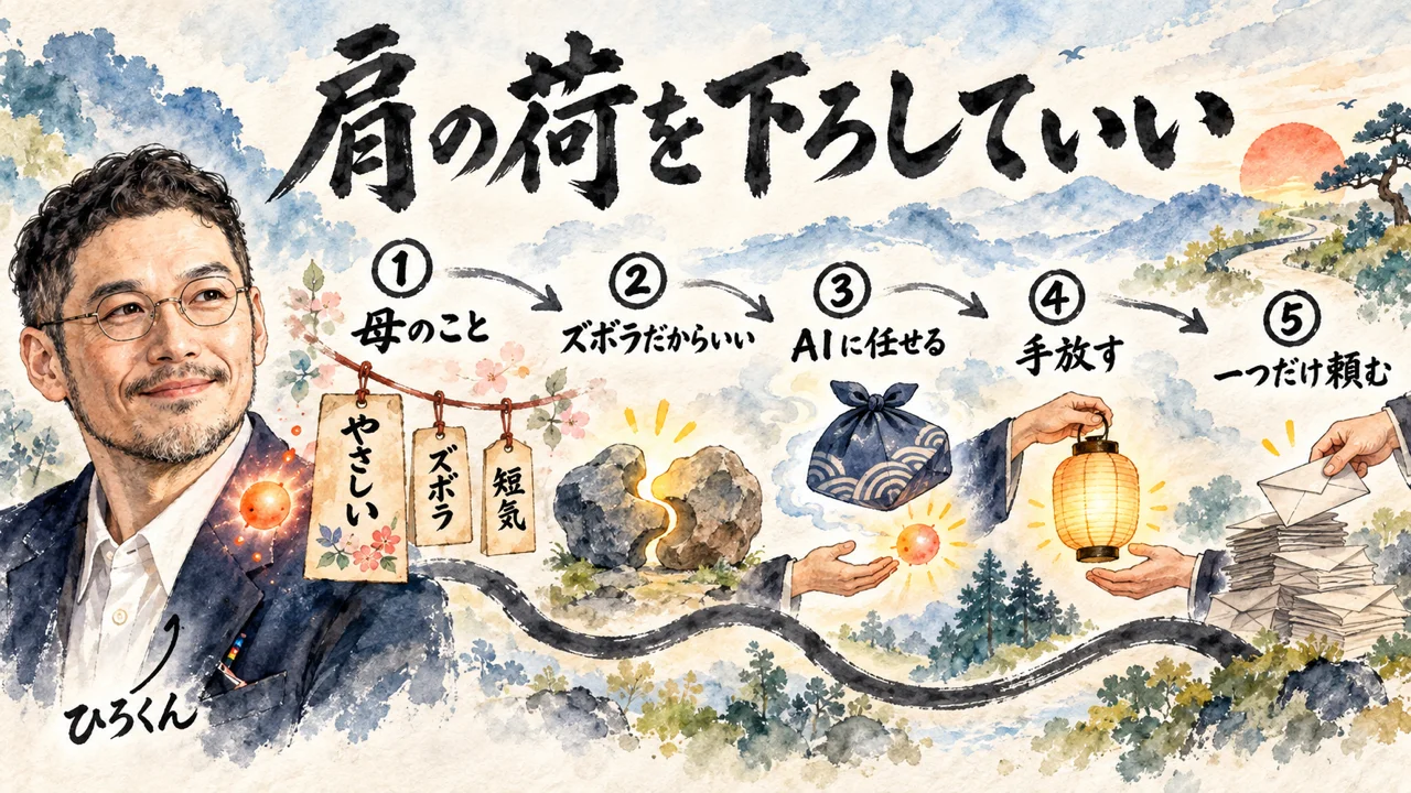イラスト：「肩の荷を下ろしていい」。左の私から右へ、「母のこと」「ズボラだからいい」「AIに任せる」「手放す」「一つだけ頼む」の五つの場面が一本の道でつながる図